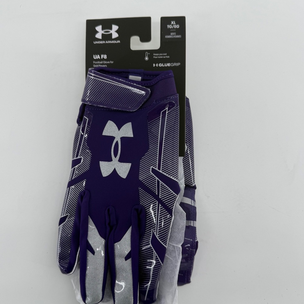 Under Armour UA F8 Mens XL Purple Silver Football‎ Gloves NEW